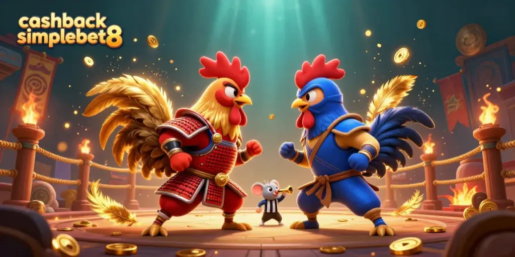 Experience cashback simplebet8 with fighting roosters, golden coins, and intense gaming ambiance.