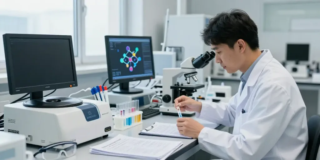 SwissChem scientist analyzing peptide samples in a modern lab.