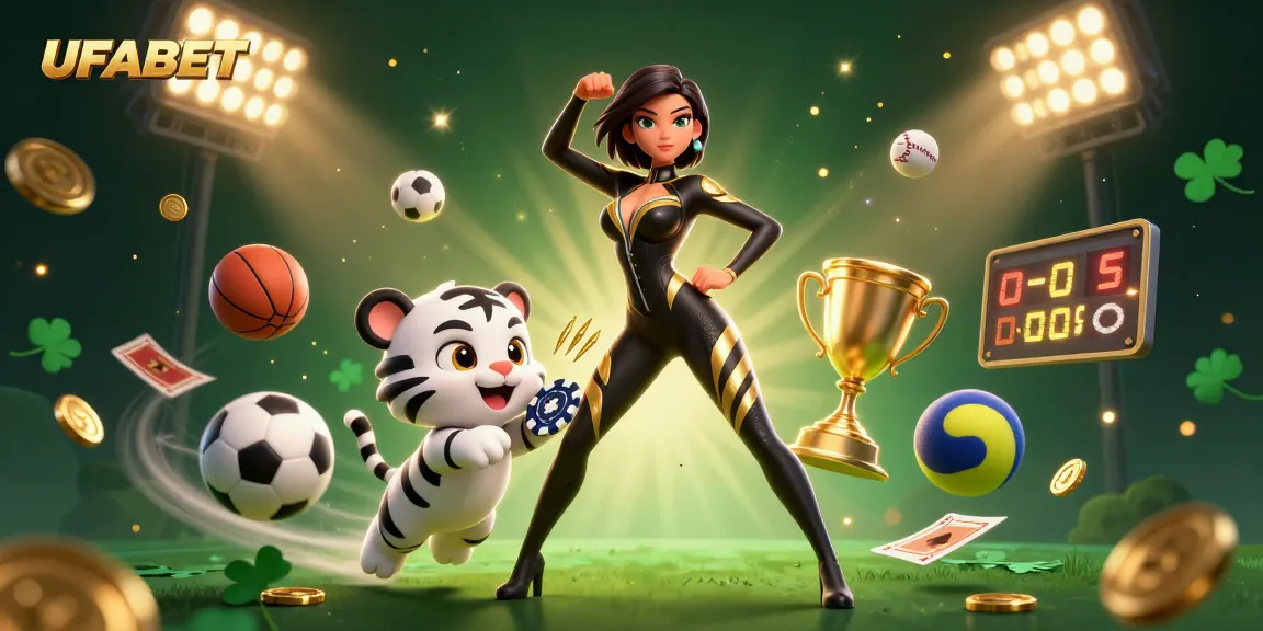 Bet at UFABET with a dynamic 3D scene featuring a stylish woman, playful tiger, and sports-themed elements.