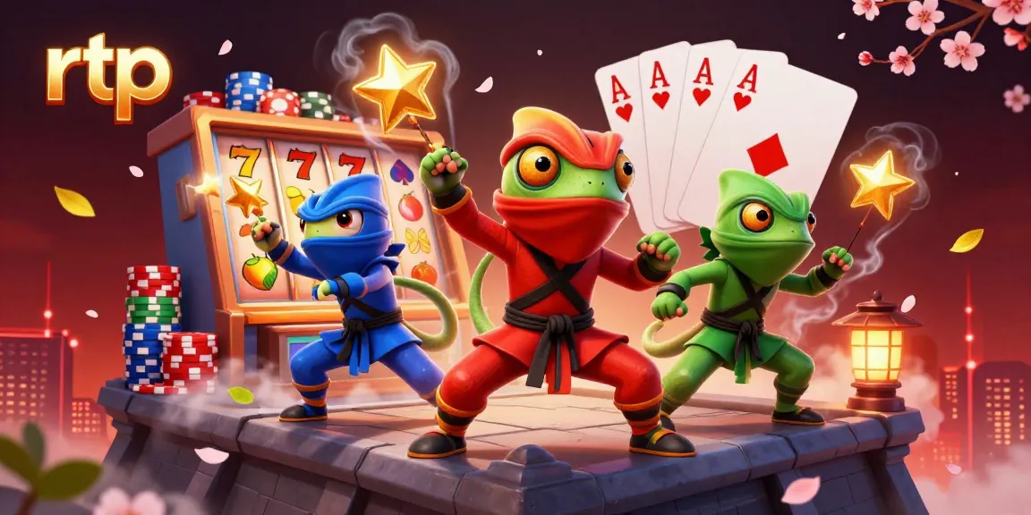 Experience rtp thrilling slot action with ninja chameleons engaging in vibrant martial arts amidst colorful game elements.