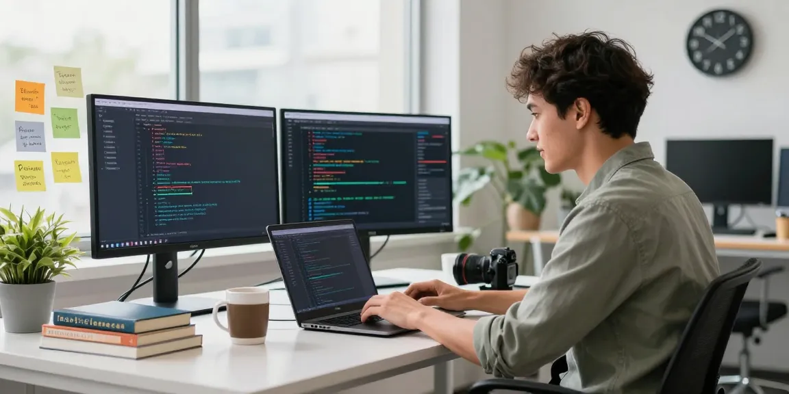 telegram官网 workspace scene showcasing a developer coding on a laptop with multiple screens in a bright office.