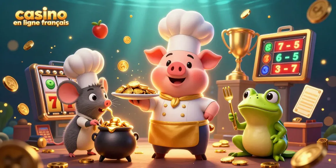 Des jeux captivants au casino en ligne français, où un chef cochon sert des pièces d'or.