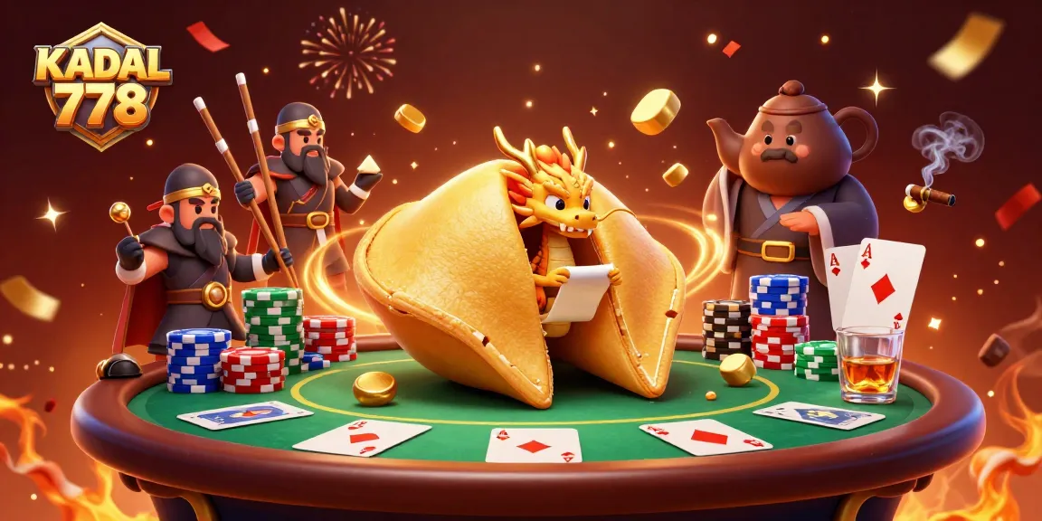 KADAL 778 features a vibrant 3D illustration highlighting a giant fortune cookie, poker elements, and celebratory effects.