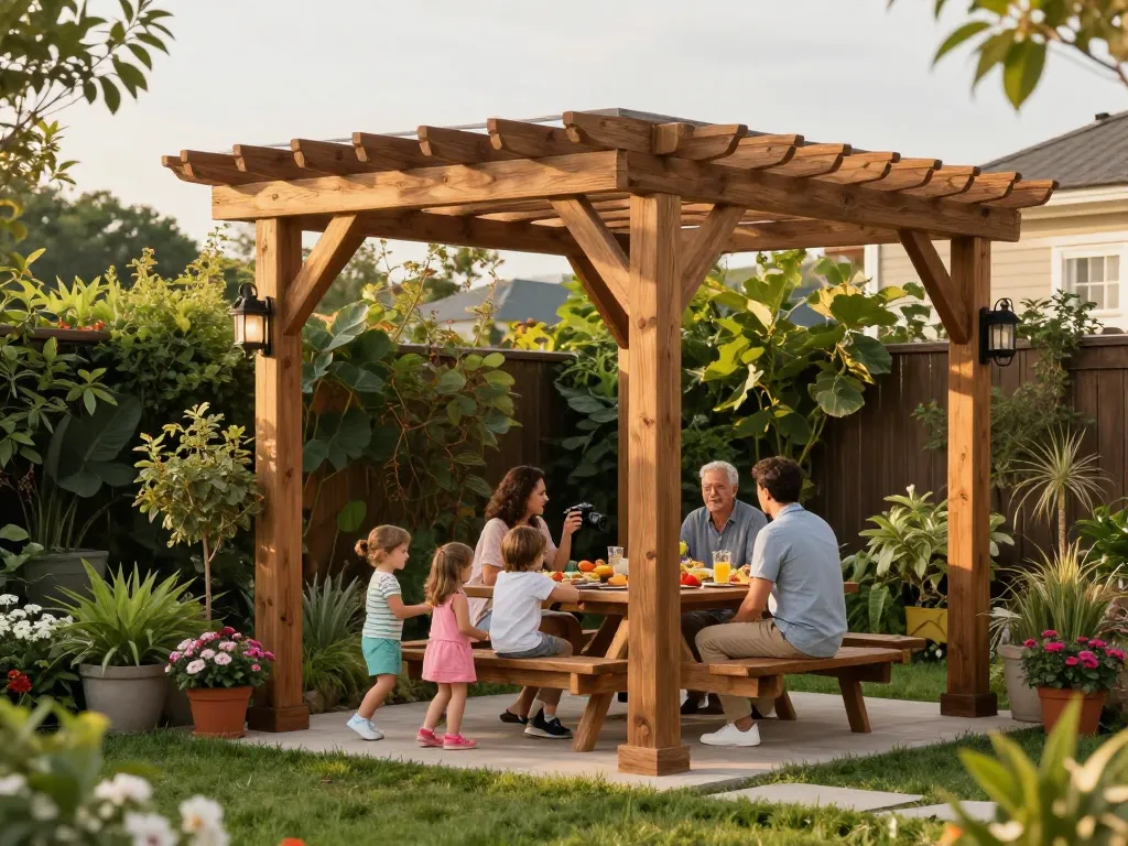 Family enjoying a garden under a custom 3D pergola configured with Pergola Sales Software