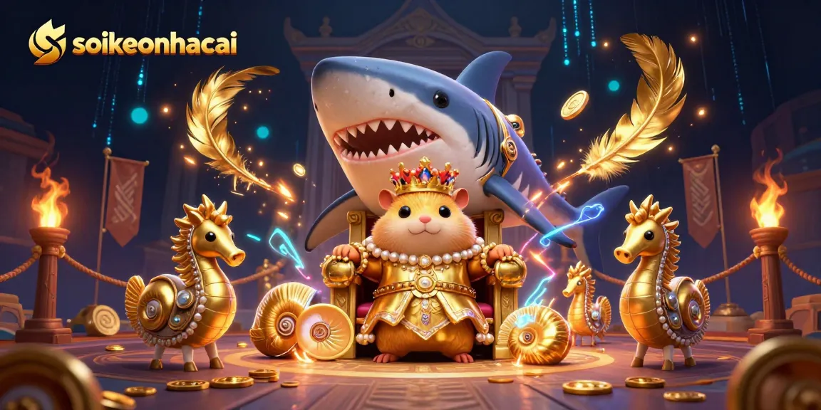Soi kèo nhà cái scene with a golden hamster king on a megalodon throne, gold coins swirling in a vibrant betting arena.