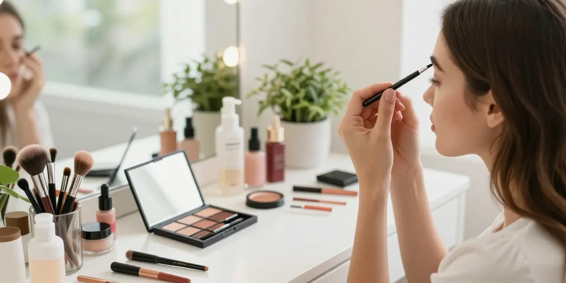 Pencil eyebrows application with a beauty enthusiast in a bright vanity setting.
