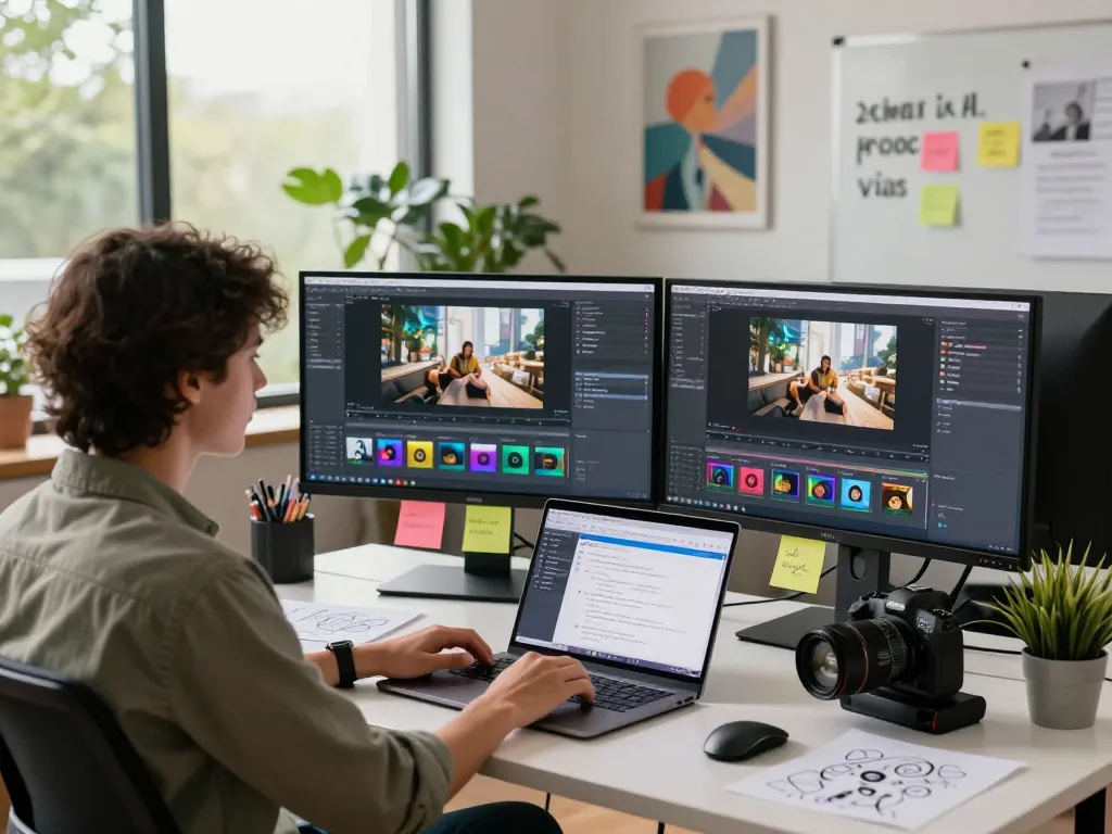 Video to prompt workspace with user generating AI prompts in modern office.