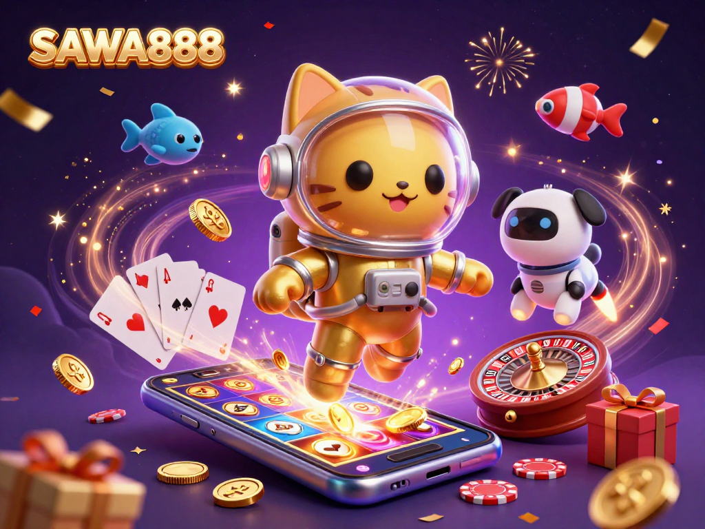 Experience the thrills of SAWA888 with a dynamic scene featuring a golden astronaut cat and casino elements.