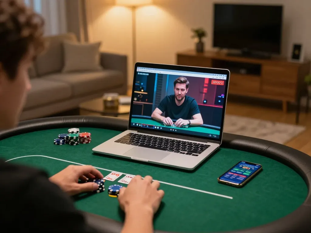 Player engaged in an exciting poker game, showcasing GOOD88 online gaming experience in a cozy setup.