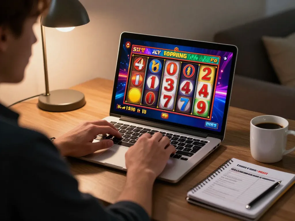 Engaged player spinning the reels on a situs slot game during an online gaming session at home