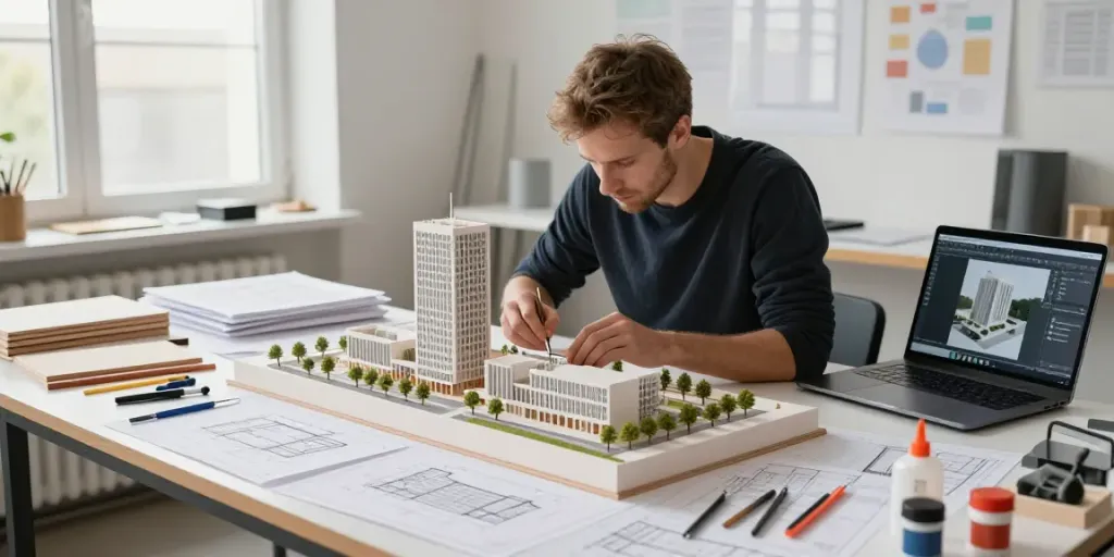 Architectural model maker Sweden creating detailed urban development model in bright studio.