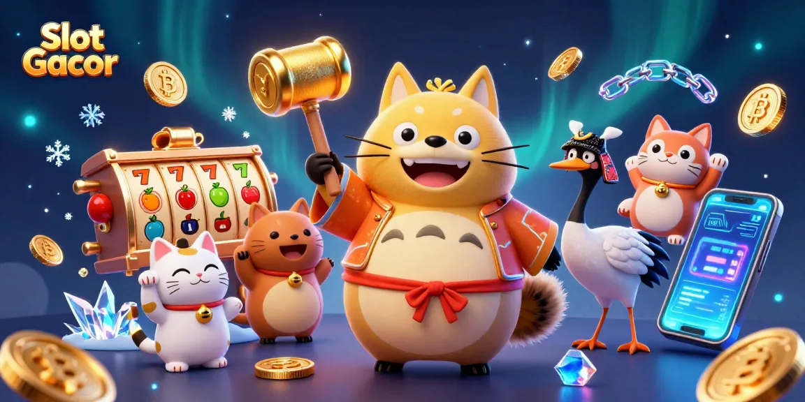 Slot Gacor brings luck with a cheerful tanuki and vibrant casino elements in a dynamic scene.