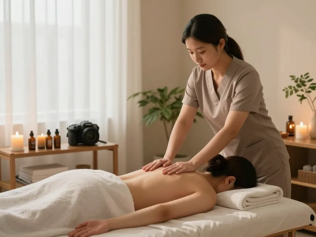 Experience rejuvenating 출장안마 in a tranquil home massage setting with essential oils and soft lighting.
