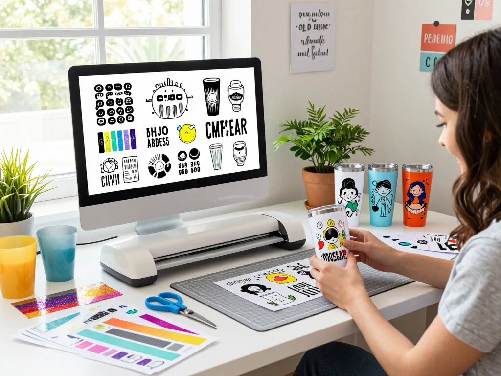 Designer creating unique tumbler designs using Svg files in a bright crafting studio.