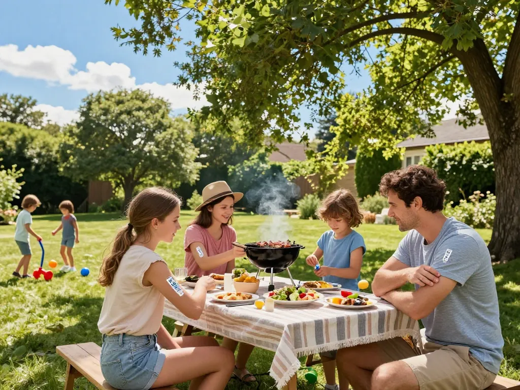 Family enjoying a barbecue outdoors while applying the Best Mosquito Repellent for effective protection.