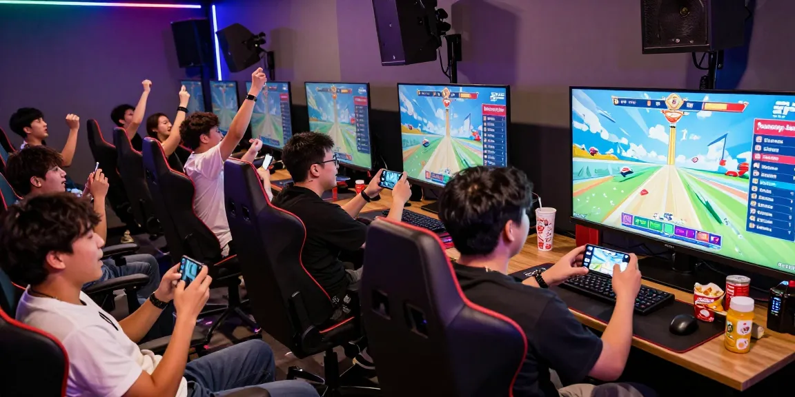 Group of players enjoying an aviator game in a vibrant gaming lounge, engaging with smartphones and screens.