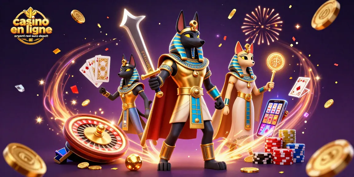 Jouez à casino en ligne argent réel sans dépôt avec Anubis et Bastet, entourés de pièces d'or et de jetons colorés.