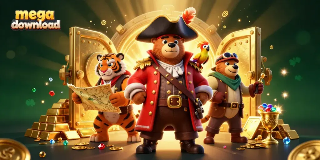 Engage in thrilling gameplay with mega download featuring a pirate bear, tiger, and treasure.