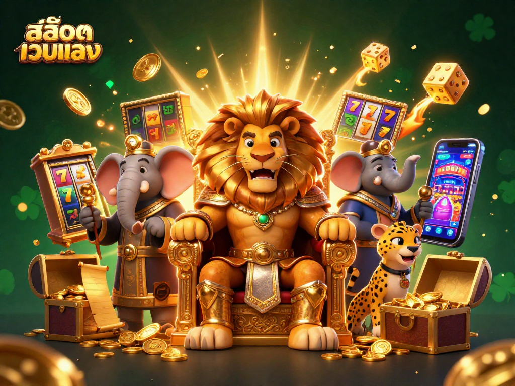 Experience สล็อตเว็บตรง excitement with a royal lion king, wise elephant, and quick cheetah amidst bright casino elements.