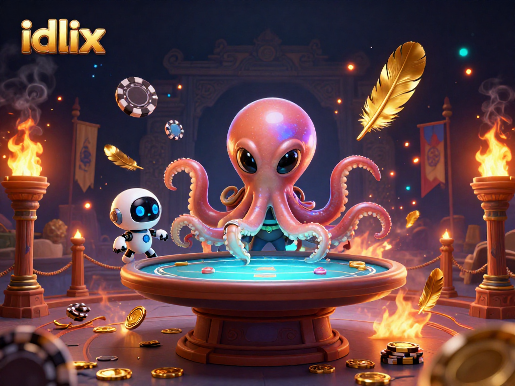 Experience winning gaming strategies at idlix with vibrant illustration of an octopus playing poker in a cosmic setting.