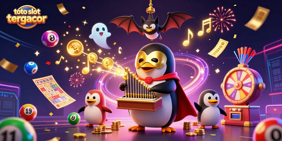 Experience winning with toto slot tergacor as a playful penguin plays for coins amidst vibrant casino elements.