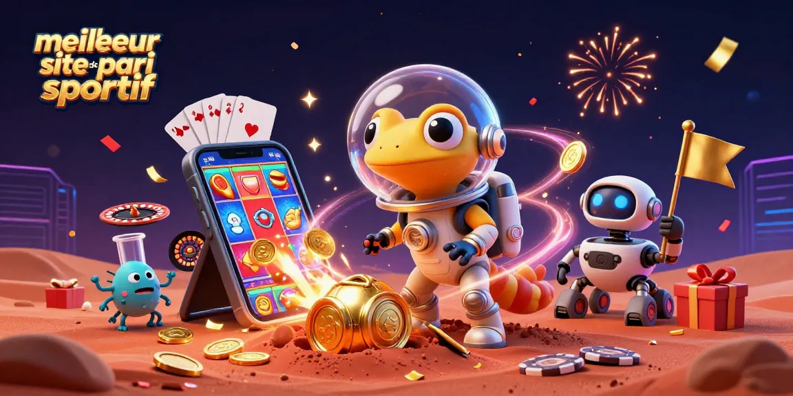 Le meilleur site de pari sportif, une illustration 3D révélant un casino doré sur Mars, avec un gecko martien et un robot.