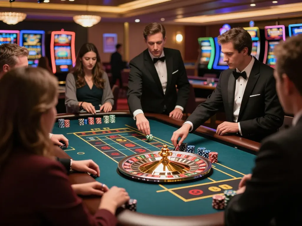 Engaged players strategizing around the roulette table at a casino, attempting superjp betting patterns to improve odds.