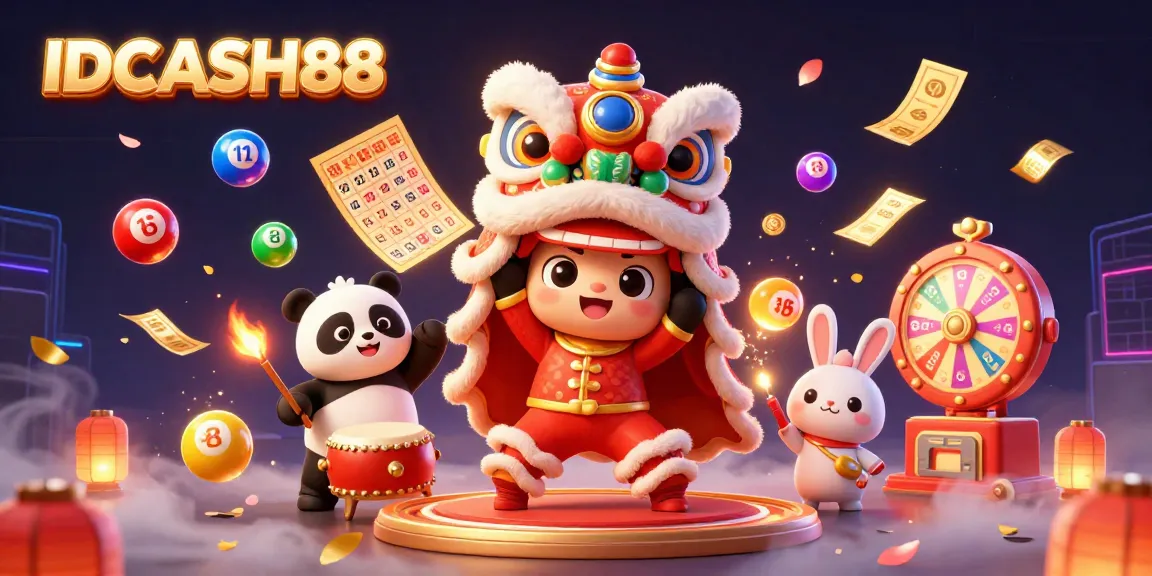 Experience the excitement of IDCASH88 with vibrant lottery balls and lively characters celebrating luck and fortune.