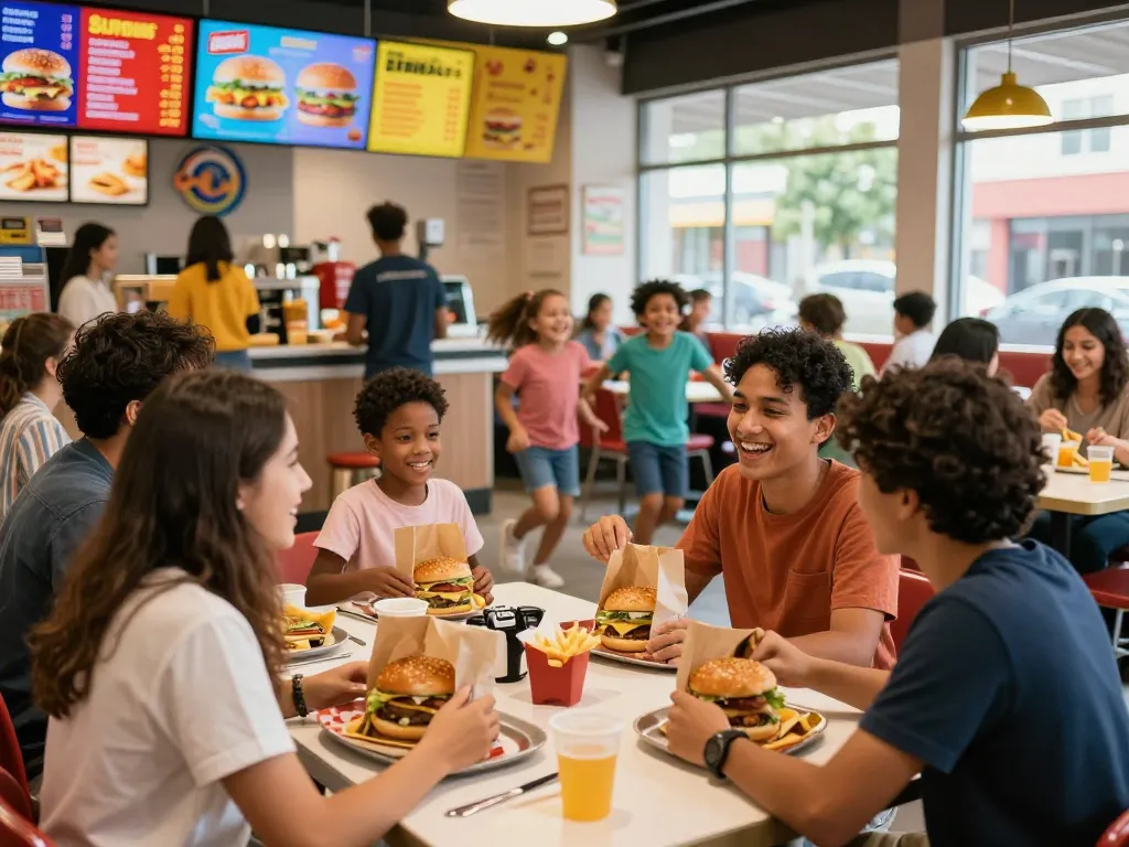 Dynamic fast food prices displayed in a lively restaurant with friends enjoying their meals together.