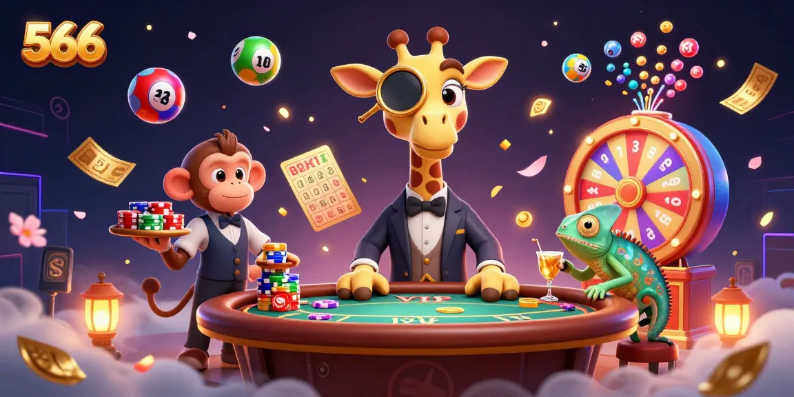 Engage in thrilling games at 566, where a giraffe and monkey bring the casino to life with vibrant action.