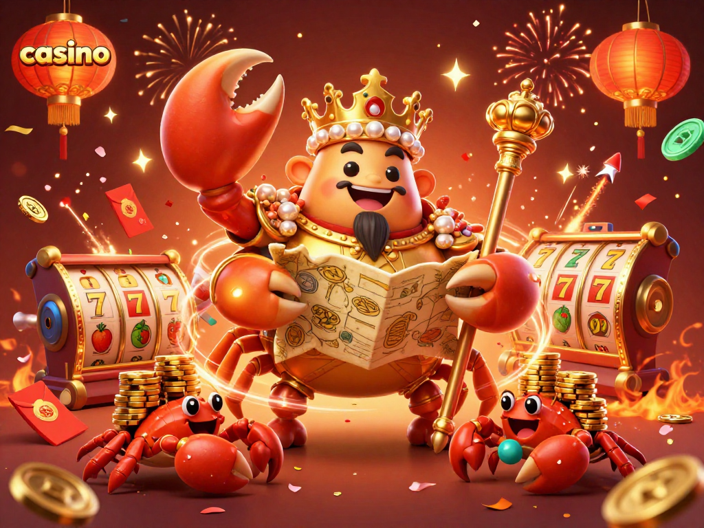 Engage in thrilling casino gameplay with a regal crab emperor and hermit crab servants delivering fortunes.