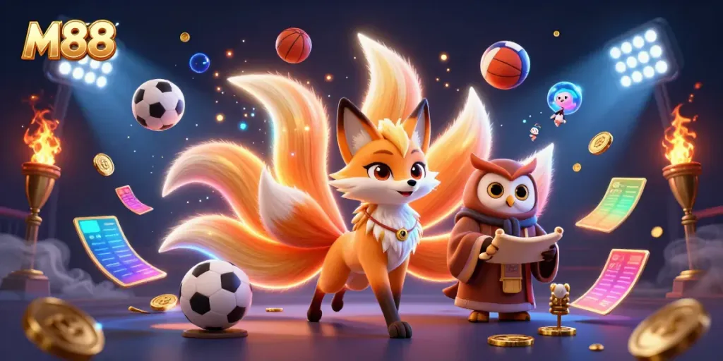 Engage with M88 winning strategies in a vibrant animated gambling scene featuring sports activities and mystical characters.
