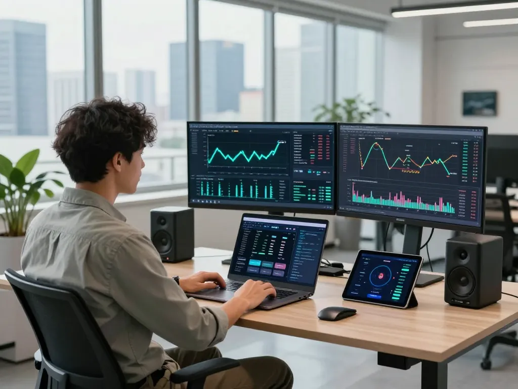 Professional analyzing AI crypto mining data in a modern tech office environment.