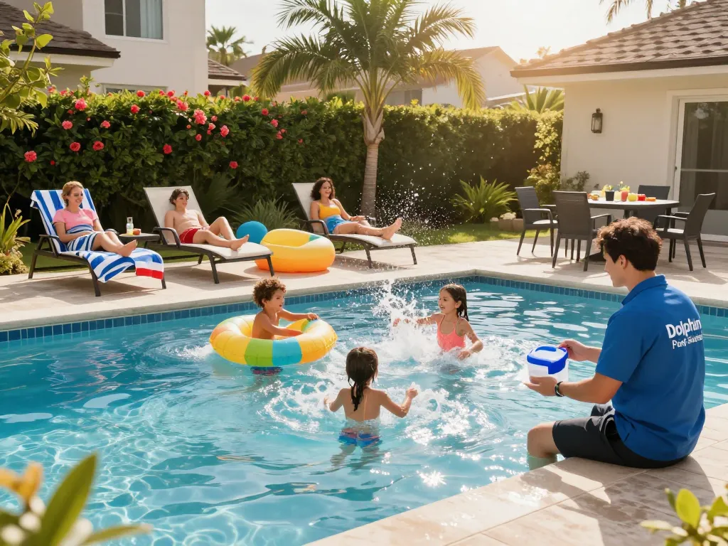 Dolphin Pool Services technician ensuring water quality while family enjoys their pool day in vibrant backyard.