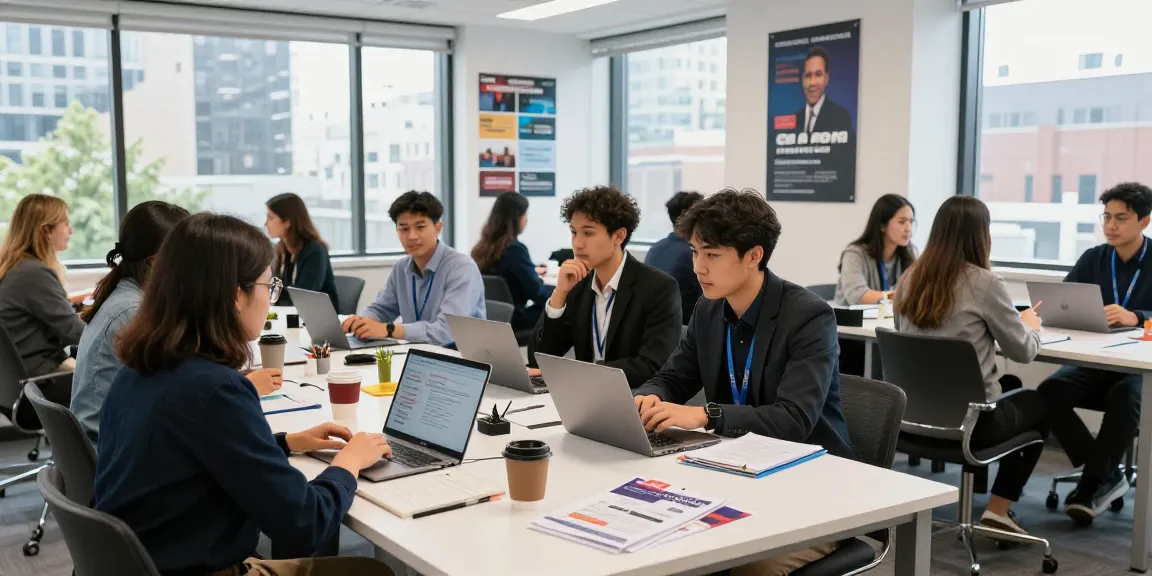 University and trade schools graduates engaging in networking at a co-working space, showcasing collaboration and opportunity.