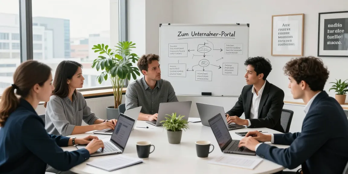 Entrepreneurs collaborating in a modern workspace discussing Zum Unternehmer-Portal strategies.