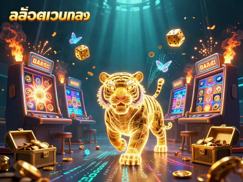 Experience thrilling fun with สล็อตเว็บตรง as a neon golden tiger prowls a rich digital casino.