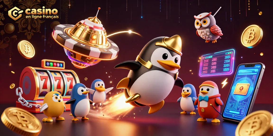 Le casino en ligne français présente un phénomène électrisant avec un pingouin doré propulsé dans l'espace, entouré de jetons scintillants.