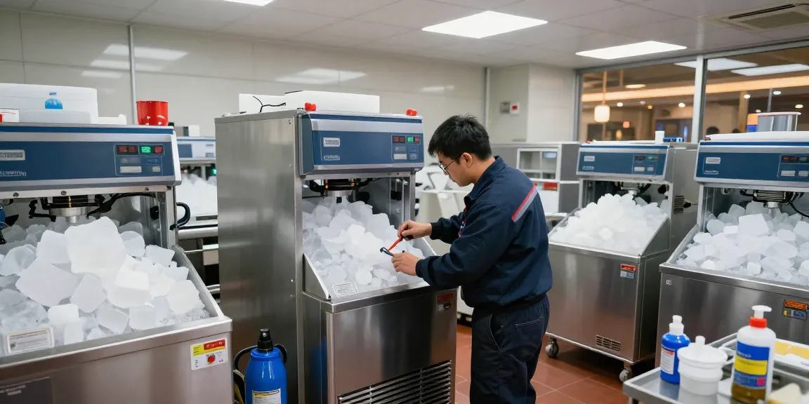 Commercial Ice Machine Repair technician fixing ice machine in bustling kitchen.
