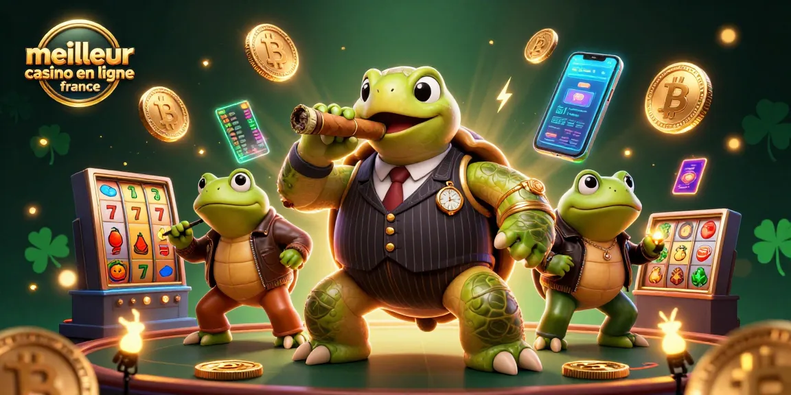 Illustration de casino montrant une tortue et des grenouilles, représentant le meilleur casino en ligne France.