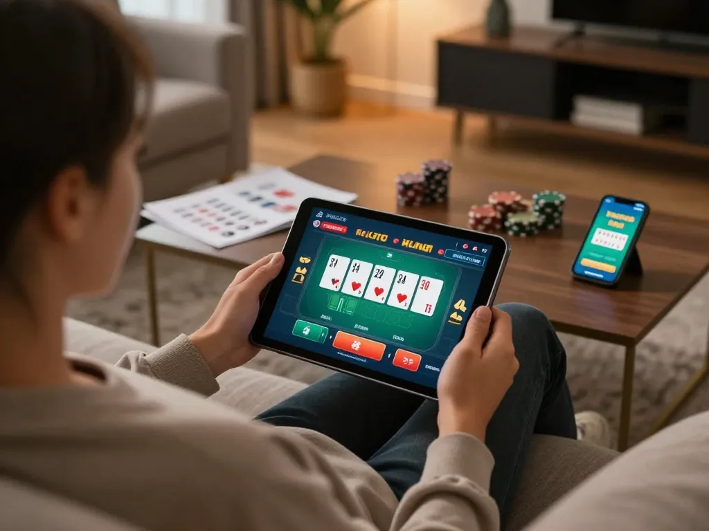 Engaging gaming moment at home with DH88 poker action on a tablet, showcasing strategy and convenience.