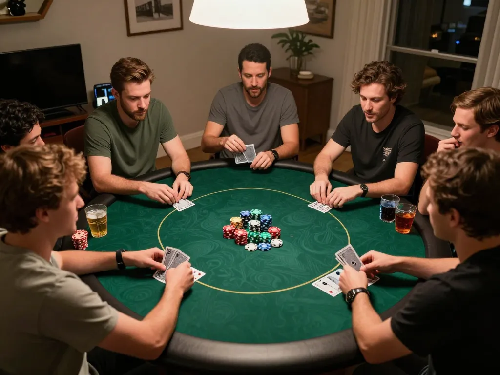 Friends enjoying a lively poker night playing Poker Uang Asli Dominobet, colorful chips and cards visible.