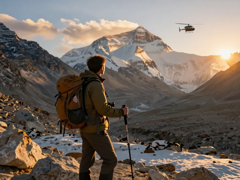 Hiker at Everest Base Camp viewpoint during sunset, embodying the spirit of the Everest Base Camp Heli Trek.