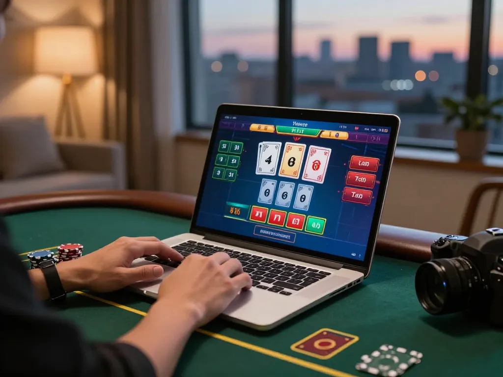 Engaging player enjoying XN88's live dealer blackjack with vibrant interface and warm lighting.