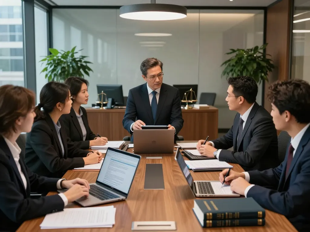 Collaborative meeting with US law experts discussing legal strategies in a professional office setting.