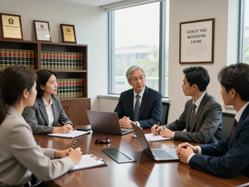 Experienced USA lawyers consulting clients in a professional law office.