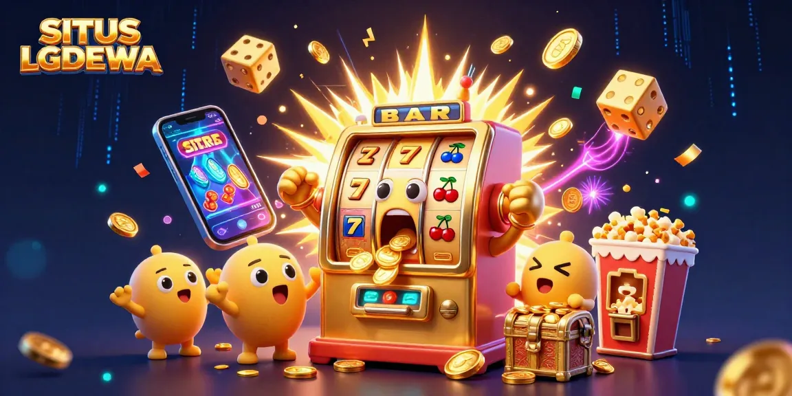 SITUS LGODEWA showcases an animated scene with a golden slot machine celebrating its jackpot amidst vibrant casino elements.