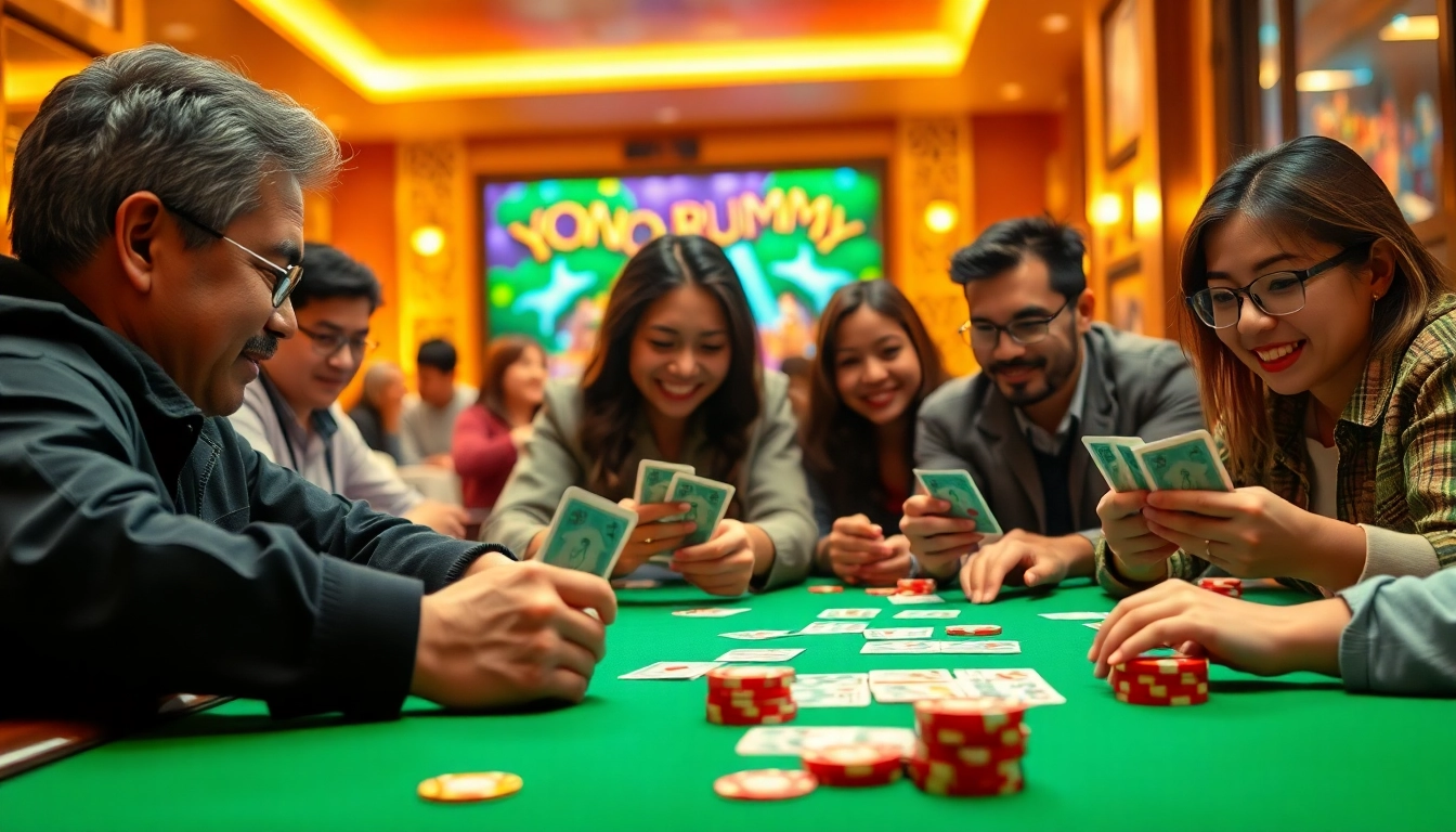 Engage in Yono Rummy as players enjoy a lively game night surrounded by colorful cards and chips.
