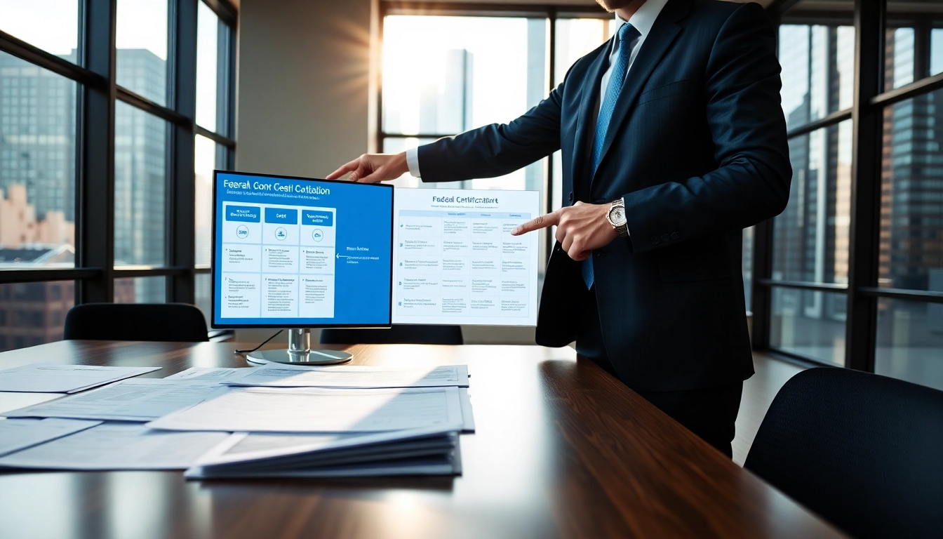 Highlighting registration and certification in Federal databases for federal contracts, a consultant guides through paperwork.