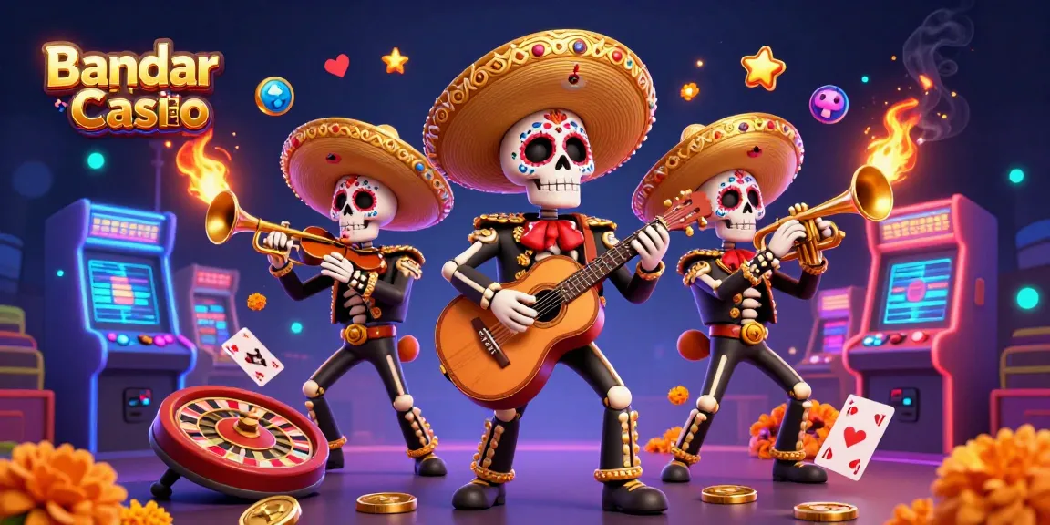 Engage with Bandar Live Casino through vibrant 3D illustration of a lively skeleton mariachi band amid dynamic casino elements.